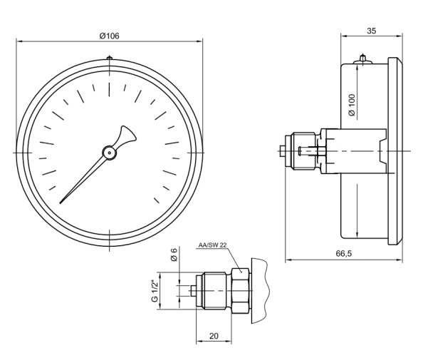 Pakkens 0-1 Bar 100 mm Arkadan Bağlantılı Panotipi Gliserinli Manometre