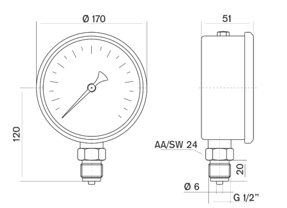 Pakkens 0-10 Bar 160 mm Alttan Bağlantılı Gliserinli Manometre
