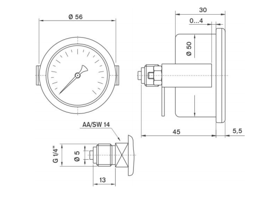 Pakkens 0-2.5 Bar 50 mm Panotipi Arkadan Bağlantılı Kuru Manometre