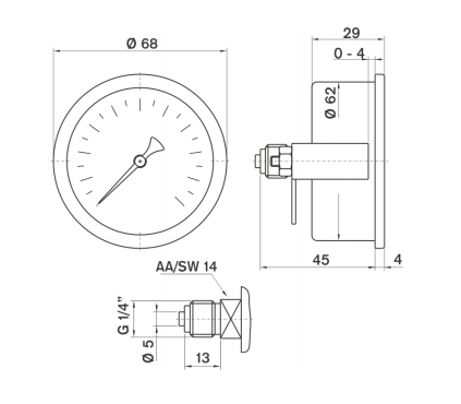 Pakkens 0-1.6 Bar 63 mm Arkadan Bağlantılı Panotipi Kuru Manometre