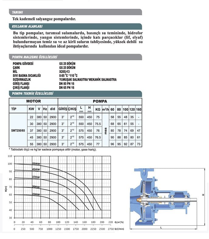Sumak SMT 250/65 37 KW 2900 D/D Motorlu Salyangoz Pompa