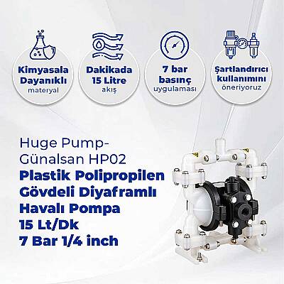 Huge Pump-Günalsan HP02 Plastik Polipropilen Gövdeli Diyaframlı Havalı Pompa 15 Lt/Dk 7 Bar 1/4'' - 2