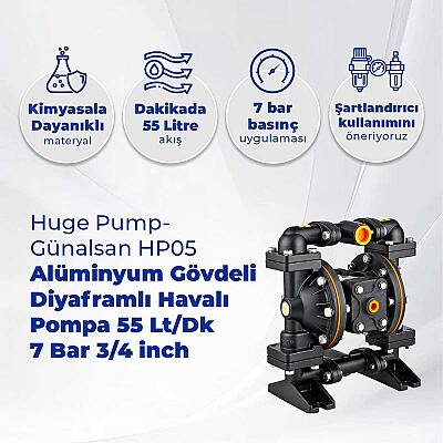 Huge Pump-Günalsan HP05 Alüminyum Gövdeli Diyaframlı Havalı Pompa 55 Litre/Dakika 7 Bar 3/4'' - 2