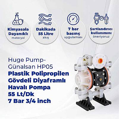Huge Pump-Günalsan HP05 Plastik Polipropilen Gövdeli Diyaframlı Havalı Pompa 55 Litre/Dakika 7 Bar 3/4'' - 2