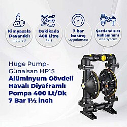 Huge Pump-Günalsan HP15 Alüminyum Gövdeli Diyaframlı Havalı Pompa 400 Litre/Dakika 7 Bar 1½'' - Huge Pump-Günalsan (1)