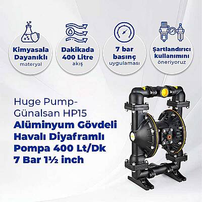 Huge Pump-Günalsan HP15 Alüminyum Gövdeli Diyaframlı Havalı Pompa 400 Litre/Dakika 7 Bar 1½'' - 2