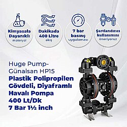 Huge Pump-Günalsan HP15 Plastik Polipropilen Gövdeli Diyaframlı Havalı Pompa 400 Litre/Dakika 7 Bar 1½'' - Huge Pump-Günalsan (1)