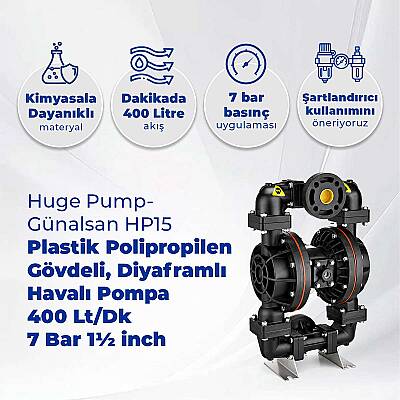 Huge Pump-Günalsan HP15 Plastik Polipropilen Gövdeli Diyaframlı Havalı Pompa 400 Litre/Dakika 7 Bar 1½'' - 2