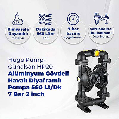 Huge Pump-Günalsan HP20 Alüminyum Gövdeli Havalı Diyaframlı Pompa 560 Litre/Dakika 7 Bar 2'' - 2