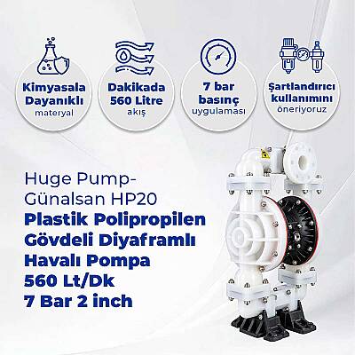 Huge Pump-Günalsan HP20 Plastik Polipropilen Gövdeli Diyaframlı Havalı Pompa 560 Litre/Dakika 7 Bar 2'' - 2