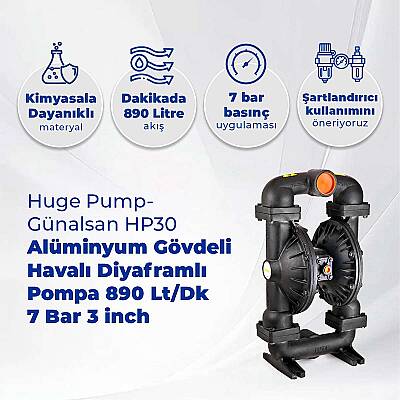 Huge Pump-Günalsan HP30 Alüminyum Gövdeli Havalı Diyaframlı Pompa 890 Litre/Dakika 7 Bar 3'' - 2