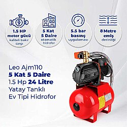 Leo Ajm110 5 Kat 5 Daire 1.5 Hp Hidrofor, 24 Litre Yatay Tanklı Hidrofor, Ev Tipi Hidrofor - LEO (1)