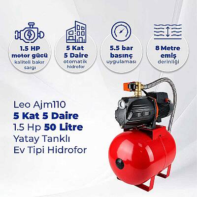 Leo Ajm110 5 Kat 5 Daire 1.5 Hp Hidrofor, 50 Litre Yatay Tanklı Hidrofor, Ev Tipi Hidrofor - 2