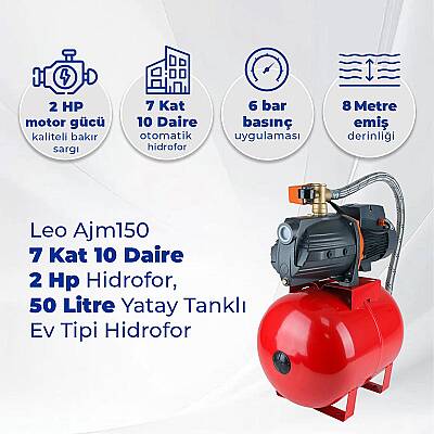 Leo Ajm150 7 Kat 10 Daire 2 Hp Hidrofor, 50 Litre Yatay Tanklı Hidrofor, Ev Tipi Hidrofor - 2