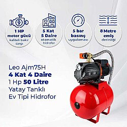 Leo Ajm75H 4 Kat 4 Daire 1 Hp Hidrofor, 50 Litre Yatay Tanklı Hidrofor, Ev Tipi Hidrofor - LEO (1)