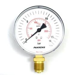 Pakkens 0-16 Bar 160 mm Alttan Bağlantılı Kuru Manometre G 1/2 inç - Pakkens