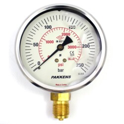 Pakkens 0-250 Bar 100 mm Alttan Bağlantılı Gliserinli Manometre G 1/2 inç - Pakkens