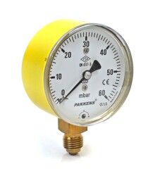 Pakkens 0-60 mBar 63 mm Alttan Bağlantılı Kapsül Diyaframlı Doğalgaz Manometresi CL1,6 G 1/4'' - Pakkens
