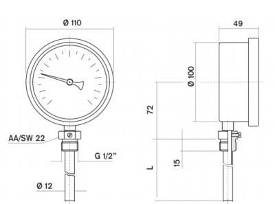 Pakkens Termometre 0-250 °C Çap 100 mm Daldırma Boyu 10 cm Alttan Bağlantılı G 1/2 inç - 2