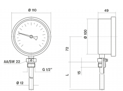 Pakkens Termometre 0-350 °C Çap 100 mm Daldırma Boyu 10 cm Alttan Bağlantılı G 1/2 inç - 2