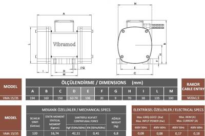 Vibramod VMA 15/35 Vibrasyon Motoru Trifaze (380V) 1500 Devir 42,11 Kgf 0.10 Kw - 3