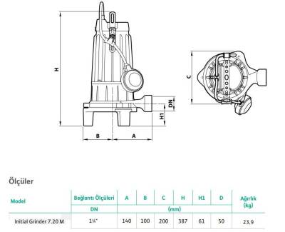 Wilo Grinder 7.20M Parçalayıcı Bıçaklı Foseptik Dalgıç Pompa 22 mss 7 m³-h 220 Volt - 2